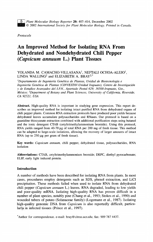 An improved method for isolating RNA from dehydrated and nondehydrated chili pepper plant tissues