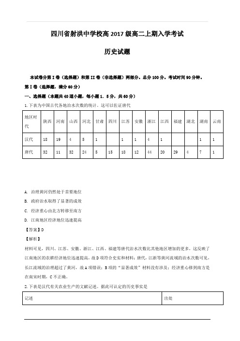 四川省射洪县射洪中学2018-2019学年高二上学期开学考试历史试题 含解析