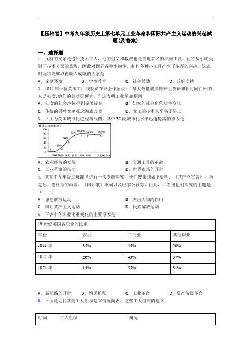 【压轴卷】中考九年级历史上第七单元工业革命和国际共产主义运动的兴起试题(及答案)