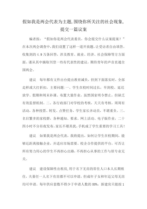 假如我是两会代表为主题,围绕你所关注的社会现象,提交一篇议案