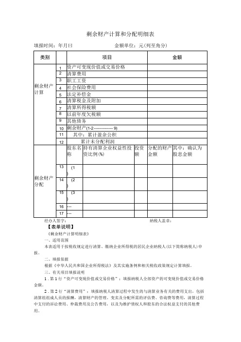 《剩余财产计算和分配明细表》