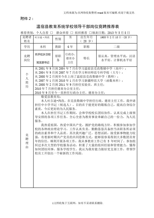 温宿县教育系统学校领导干部岗位竞聘推荐表