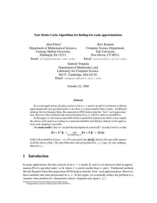 Fast monte-carlo algorithms for finding low-rank approximations