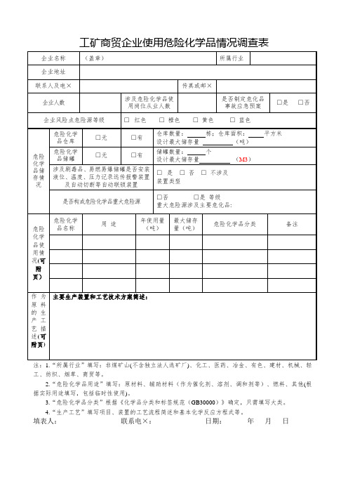 工矿商贸企业使用危险化学品情况调查表参考模板范本