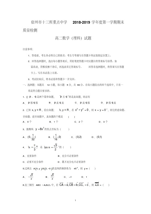 安徽省宿州市十三所重点中学2018-2019学年高二上学期期末质量检测数学(理)试题Word版含答案