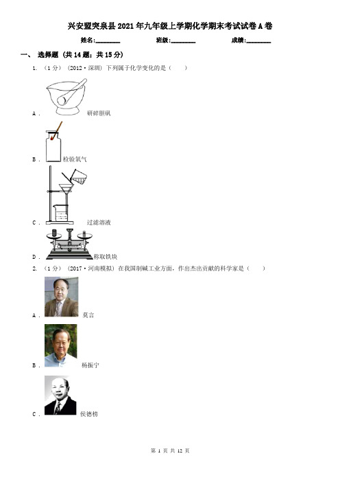 兴安盟突泉县2021年九年级上学期化学期末考试试卷A卷