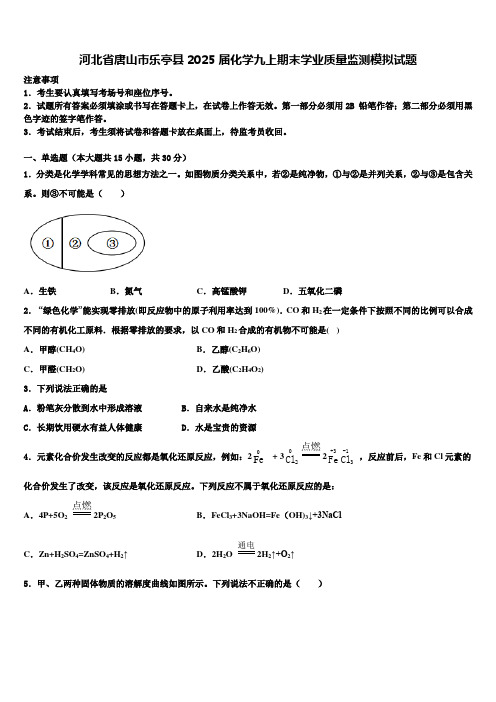 河北省唐山市乐亭县2025届化学九上期末学业质量监测模拟试题含解析