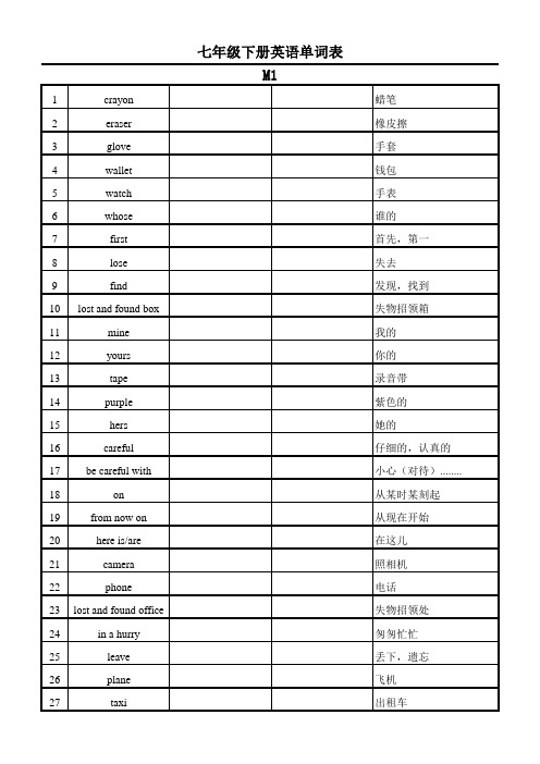 天津外研版七年级下册英语单词表