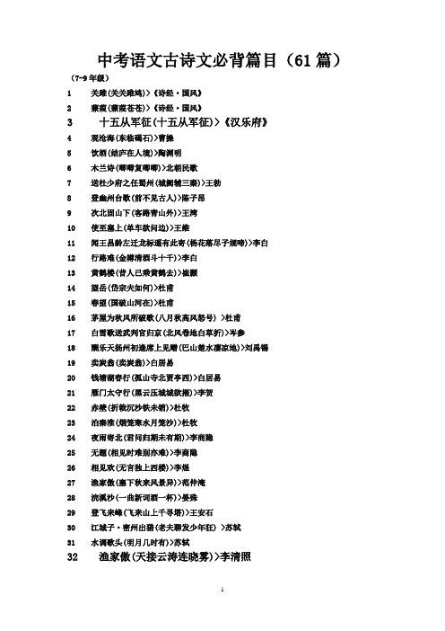 (完整版)中考语文古诗文必背篇目(61篇)汇总