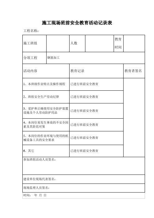 施工现场班前安全教育活动记录表