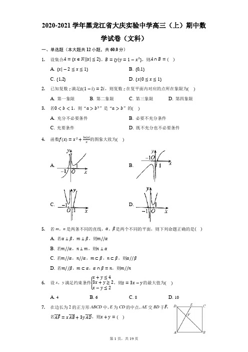 2020-2021学年黑龙江省大庆实验中学高三(上)期中数学试卷(文科)