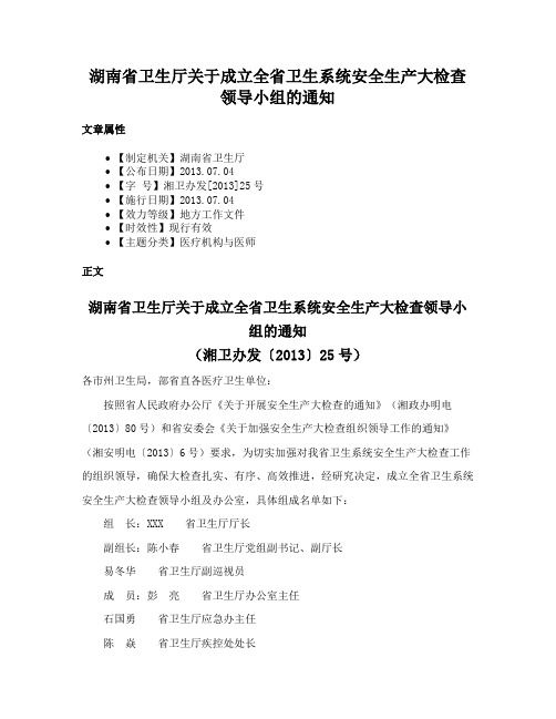 湖南省卫生厅关于成立全省卫生系统安全生产大检查领导小组的通知