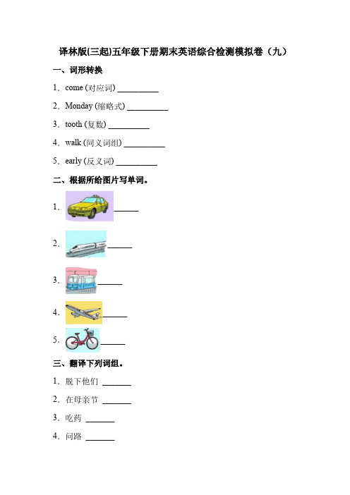 期末英语达标综合检测模拟卷(九) 译林版(三起)(含答案)            