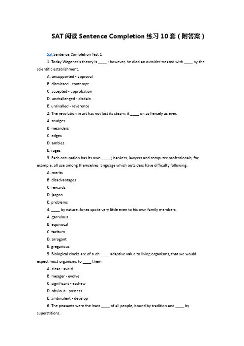 SAT阅读Sentence Completion练习10套(附答案)