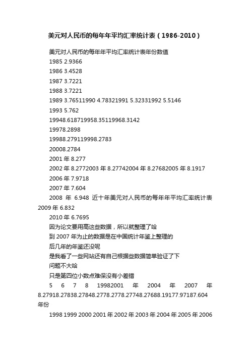 美元对人民币的每年年平均汇率统计表（1986-2010）