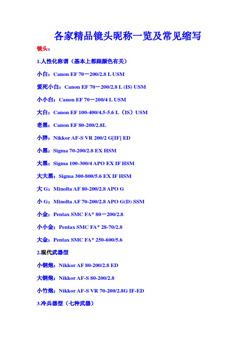 各家精品镜头昵称一览及常见缩写档