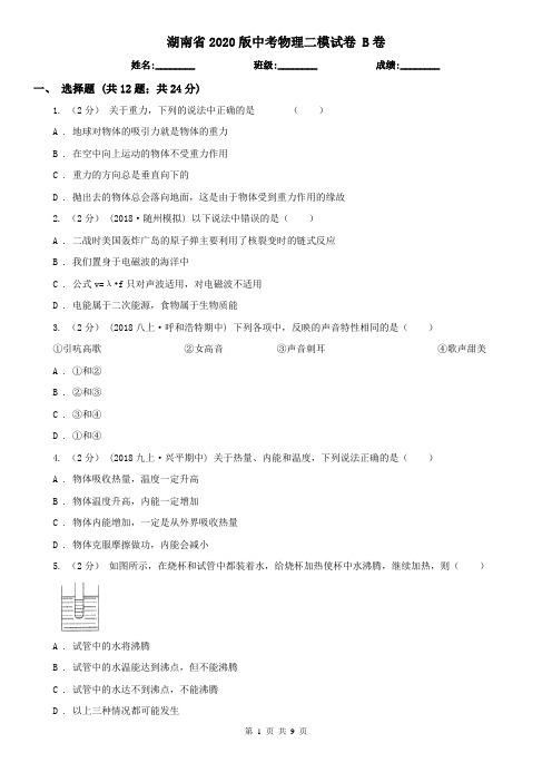 湖南省2020版中考物理二模试卷 B卷