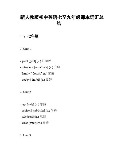 新人教版初中英语七至九年级课本词汇总结