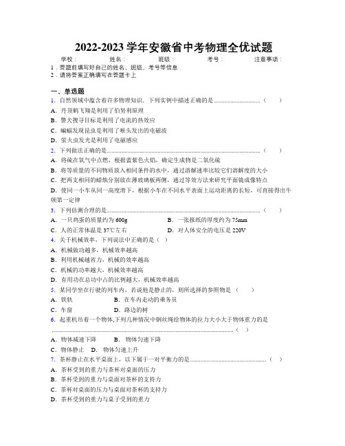 2022-2023学年安徽省中考物理全优试题附解析