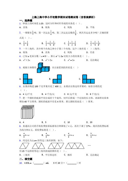 上海上海中学小升初数学期末试卷测试卷(含答案解析)