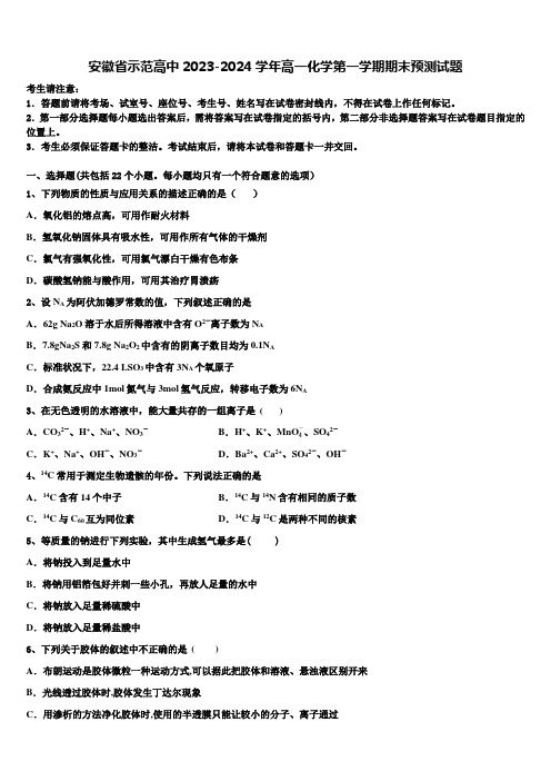 安徽省示范高中2023-2024学年高一化学第一学期期末预测试题含解析