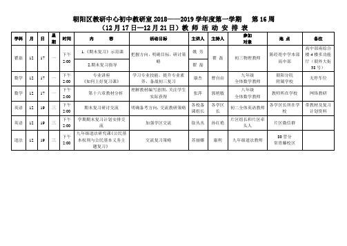 朝阳区教研中心初中教研室2018——2019学年第一学期第