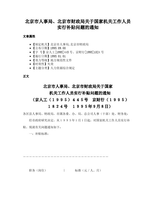 北京市人事局、北京市财政局关于国家机关工作人员实行补贴问题的通知