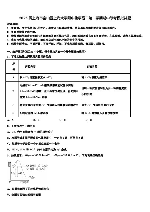 2025届上海市宝山区上海大学附中化学高二第一学期期中联考模拟试题含解析