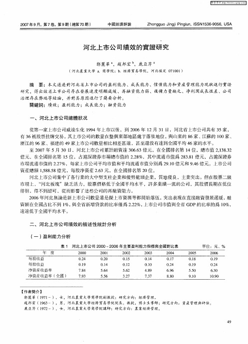 河北上市公司绩效的实证研究