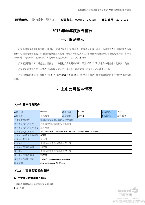 晨鸣纸业：2012年半年度报告摘要