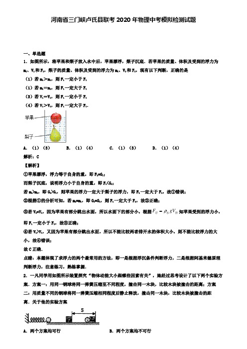 河南省三门峡卢氏县联考2020年物理中考模拟检测试题(含答案有解析)