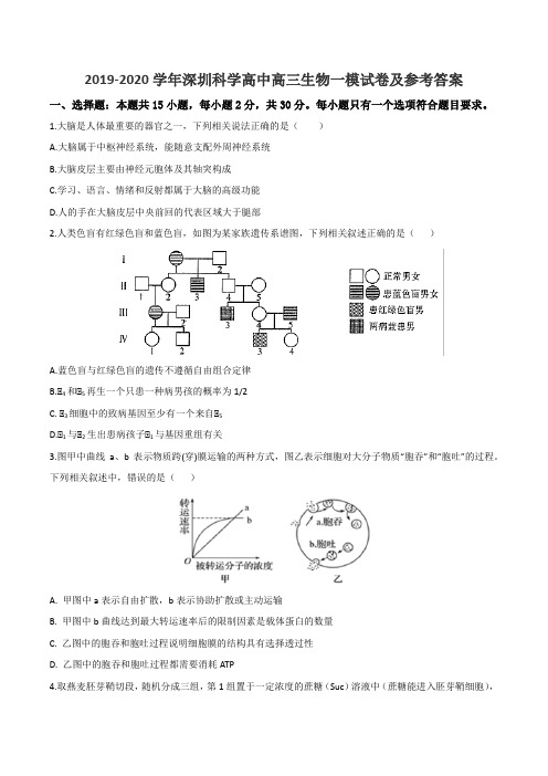 2019-2020学年深圳科学高中高三生物一模试卷及参考答案