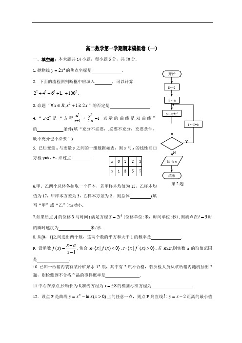 2019年最新高二 数学第一学期期末模拟卷