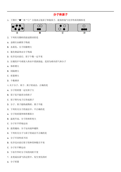 中考化学专题复习 分子和原子练习卷