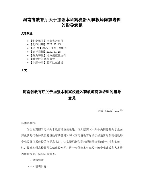 河南省教育厅关于加强本科高校新入职教师岗前培训的指导意见