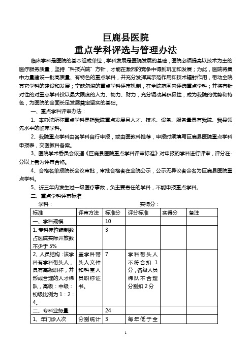 医院重点学科评选及管理办法