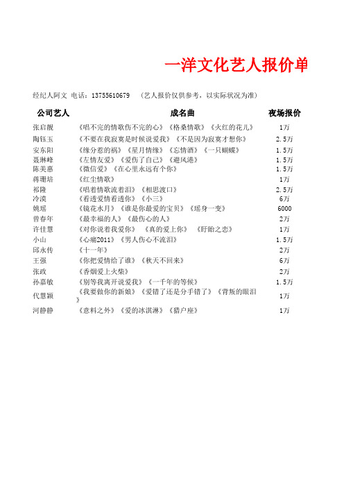 江西省演出公司文化明星艺人出场费报价单