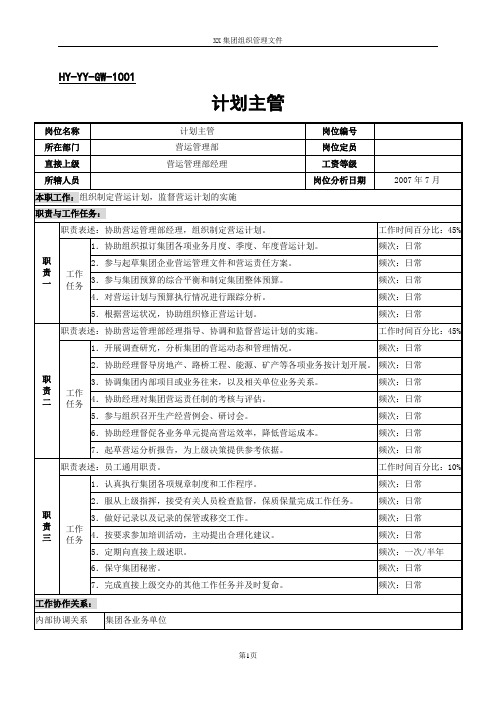 计划主管岗位说明书