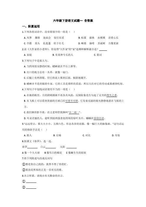 【10套试卷】苏州苏州外国语学校小升初模拟考试语文精选