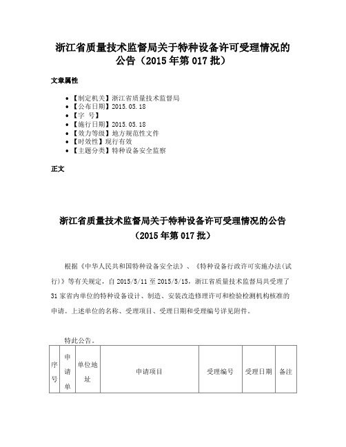 浙江省质量技术监督局关于特种设备许可受理情况的公告（2015年第017批）