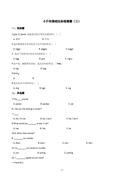 牛津译林2019-2020学年六年级下册英语 小升初基础达标检测题(三)  含答案