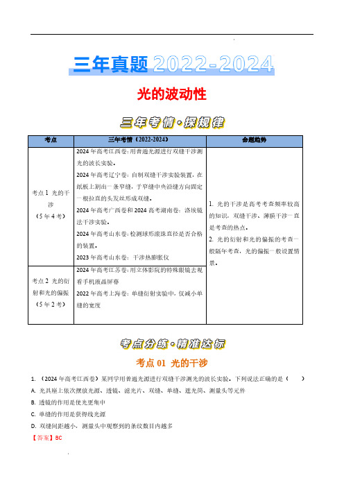 光的波动性(解析版)—三年(2022-2024)高考物理真题分类汇编(全国通用)