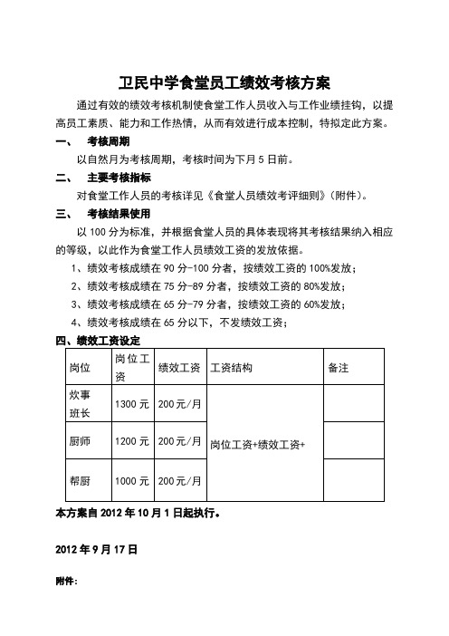 职工食堂绩效考核方案及考评细则