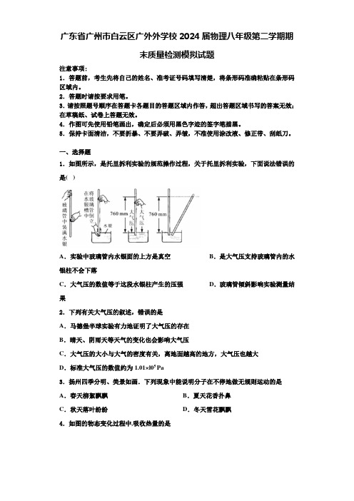 广东省广州市白云区广外外学校2024届物理八年级第二学期期末质量检测模拟试题含解析