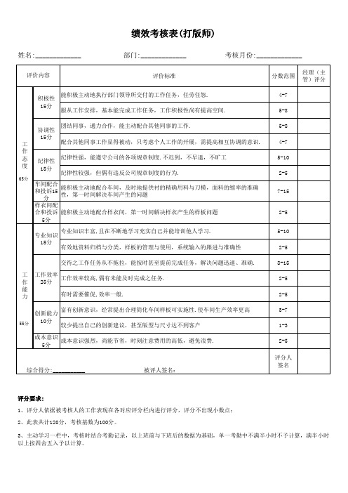 绩效考核表打版师