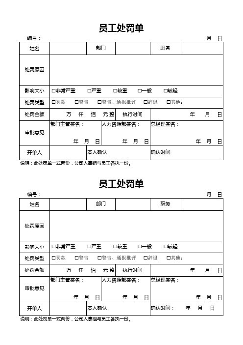 公司员工违纪处罚单模板