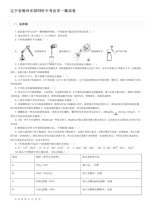 辽宁省锦州市2019年中考化学一模试卷及参考答案