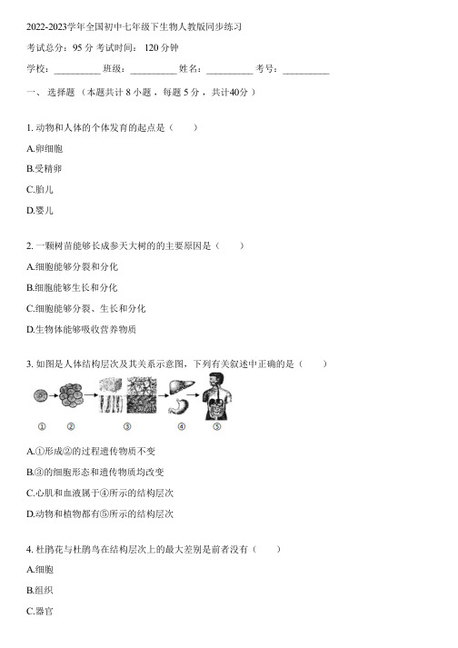 2022-2023学年全国初中七年级下生物人教版同步练习(含答案解析)223134