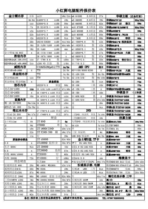 电脑配件报价表