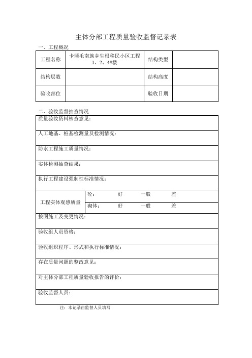 主体分部工程质量验收监督记录表